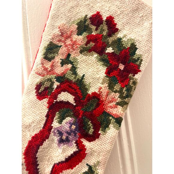 Vintage Christmas Stocking Needlepoint Holiday Wreath Bow Holly Red Velvet - Picture 3 of 3